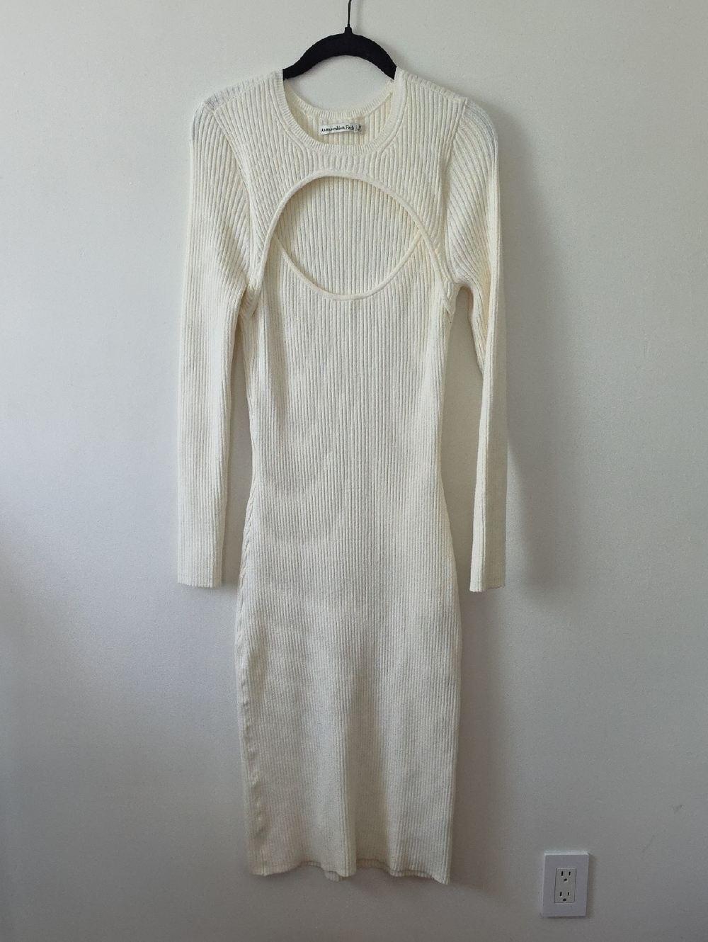 Abercrombie & Fitch Ribbed Long Sleeve Midi Dress - Cream Medium